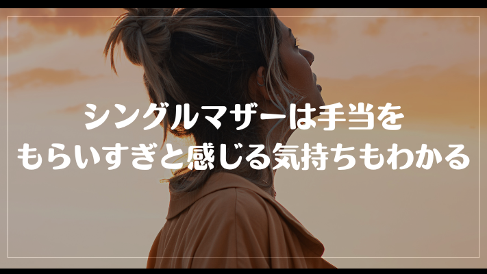 シングルマザーは手当をもらいすぎと感じる
気持ちもわかる